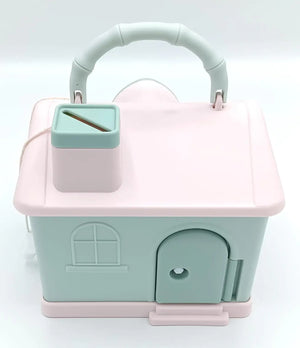 Kids' house money bank with lock, key, and 3D sticker compatibility, in pastel pink and blue.www.usmile.toys