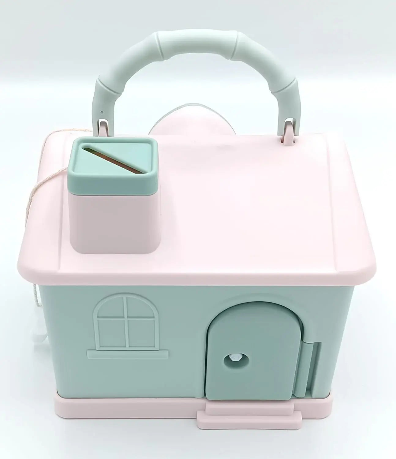 Kids' house money bank with lock, key, and 3D sticker compatibility, in pastel pink and blue.www.usmile.toys