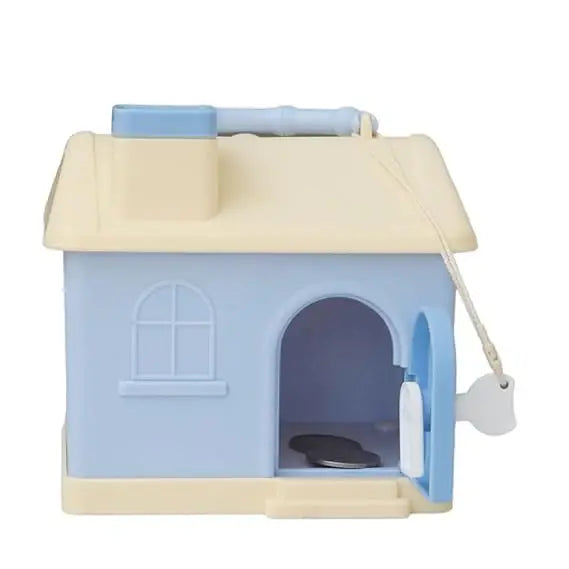 Kids' house money bank with lock, key, and 3D sticker compatibility, in pastel pink and blue. www.usmile.toys