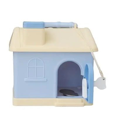 Kids' house money bank with lock, key, and 3D sticker compatibility, in pastel pink and blue. www.usmile.toys
