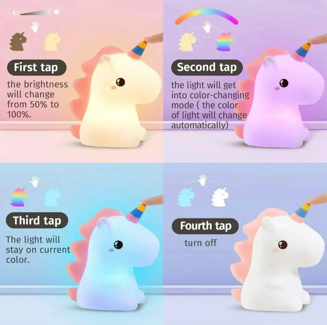 White silicone unicorn night light with colorful horn, perfect for children's rooms www.usmile.com