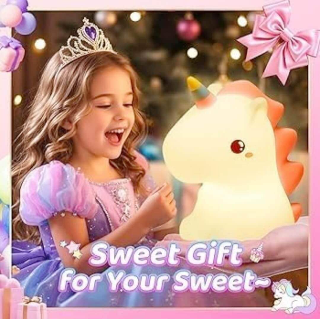White silicone unicorn night light with colorful horn, perfect for children's rooms www.usmile.com