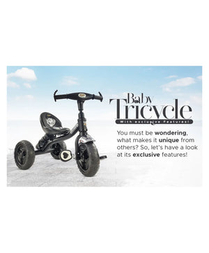 Black tricycle for children aged 3 to 5 years, with a sturdy frame and comfortable seat, in an urban setting. www.usmile.toys