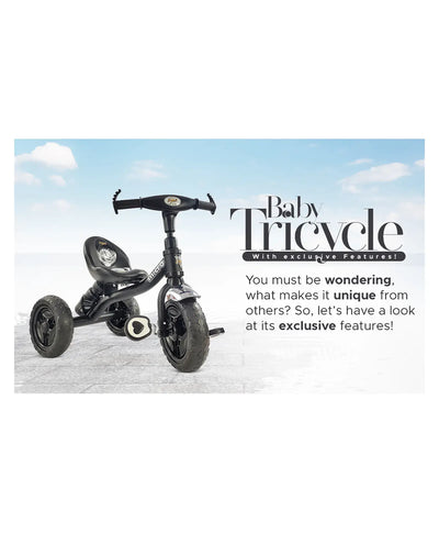 Black tricycle for children aged 3 to 5 years, with a sturdy frame and comfortable seat, in an urban setting. www.usmile.toys