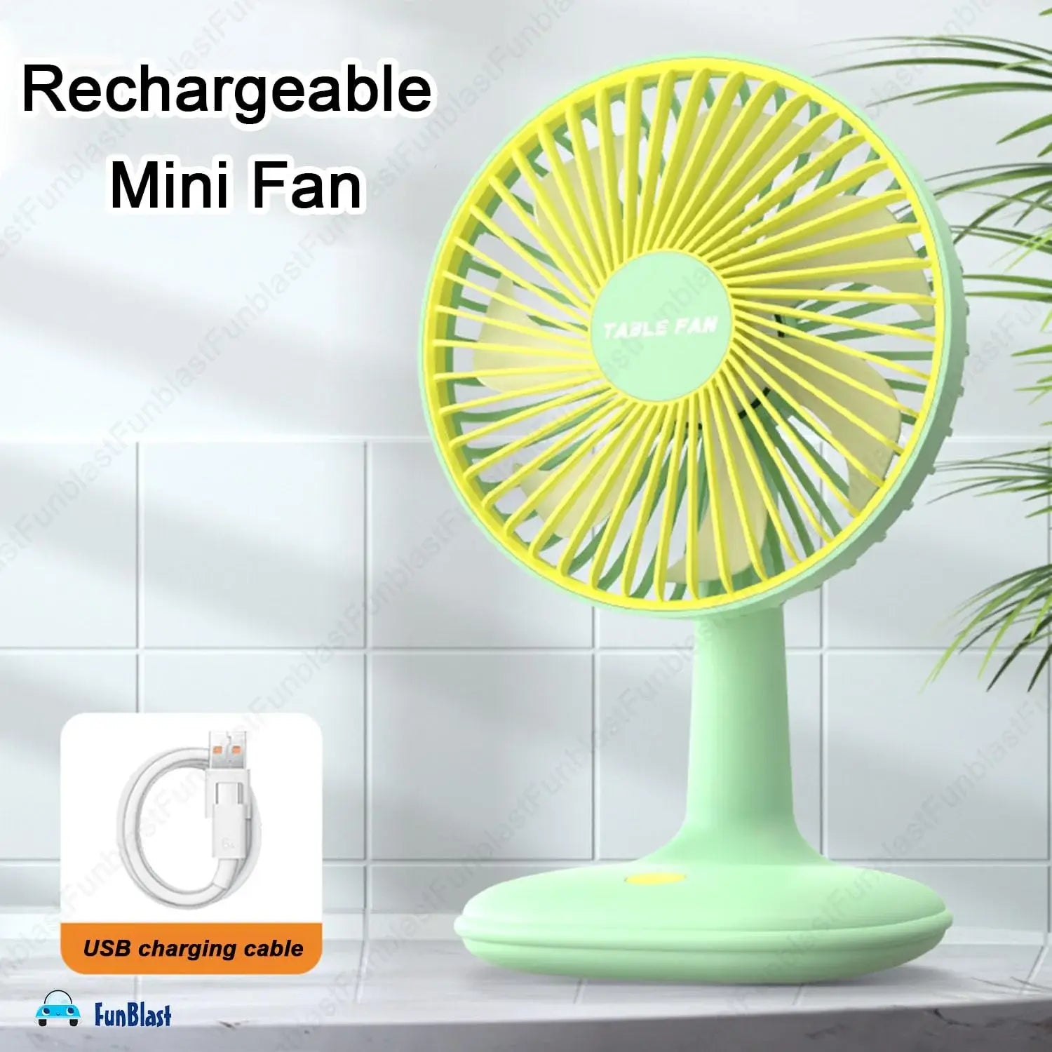 Bright green and yellow USB rechargeable mini desktop cooling fan, ideal for office desks, homes, or travel. Compact and portable fan from uSmile.toys." www.usmile.toys