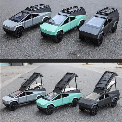 Collectible die-cast Tesla Pickup Classic toy truck in a modern matte green finish, showcasing its futuristic design and an articulating rear bed, available at Usmile Toys. www.usmile.toys