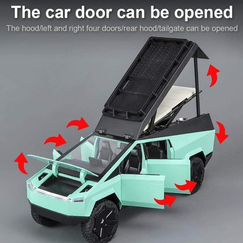 High-quality miniature replica of a Tesla Cybertruck in a unique light green color, featuring realistic design and a bed that lifts, ideal for display or children's vehicle play from Usmile Toys.www.usmile.toys