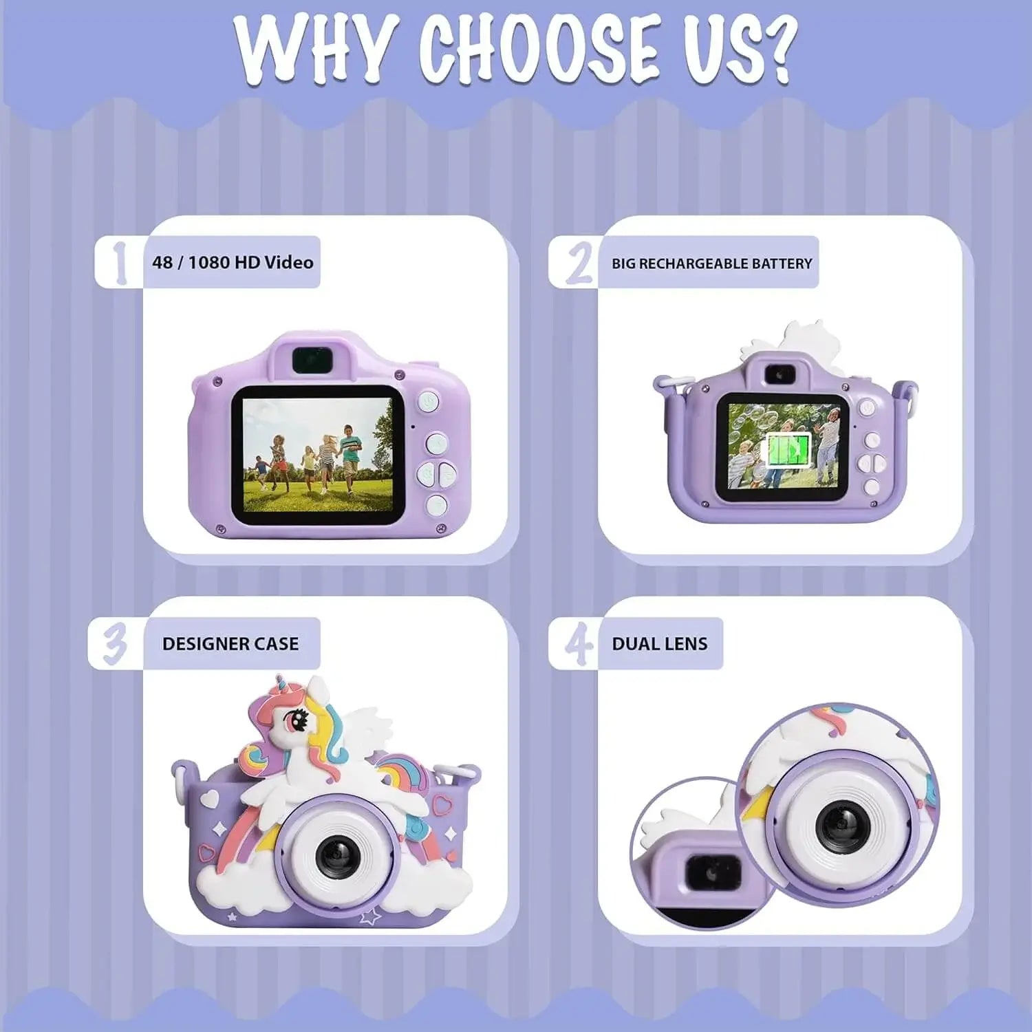 Cute pink kids' digital camera featuring a 1080P HD lens and a playful unicorn design with rainbow and clouds, shown with its included neck strap and USB charging cable. www.usmile.toys