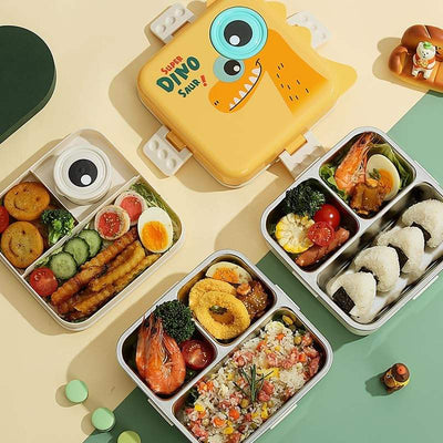 Fun dinosaur-themed insulated lunch containers for children, keeping meals fresh and organized for school adventures.www.usmile.toys