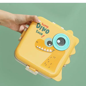 Durable SS insulated kids bento boxes with cheerful dinosaur characters, featuring multiple compartments for school meals. www.usmile.toys 