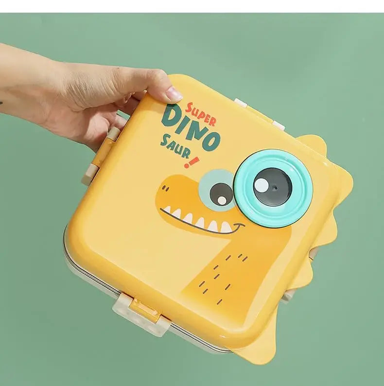 Durable SS insulated kids bento boxes with cheerful dinosaur characters, featuring multiple compartments for school meals. www.usmile.toys 