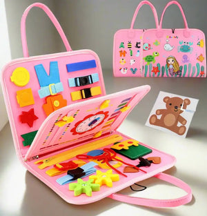 Pink educational activity book for toddlers, featuring buckles, zippers, laces, and shape matching for fine motor skill development by Usmile Toys." www.usmile.toys