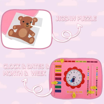 Pink educational activity book for toddlers, featuring buckles, zippers, laces, and shape matching for fine motor skill development by Usmile Toys." www.usmile.toys