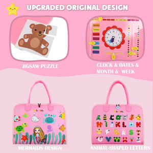 Pink educational activity book for toddlers, featuring buckles, zippers, laces, and shape matching for fine motor skill development by Usmile Toys." www.usmile.toys