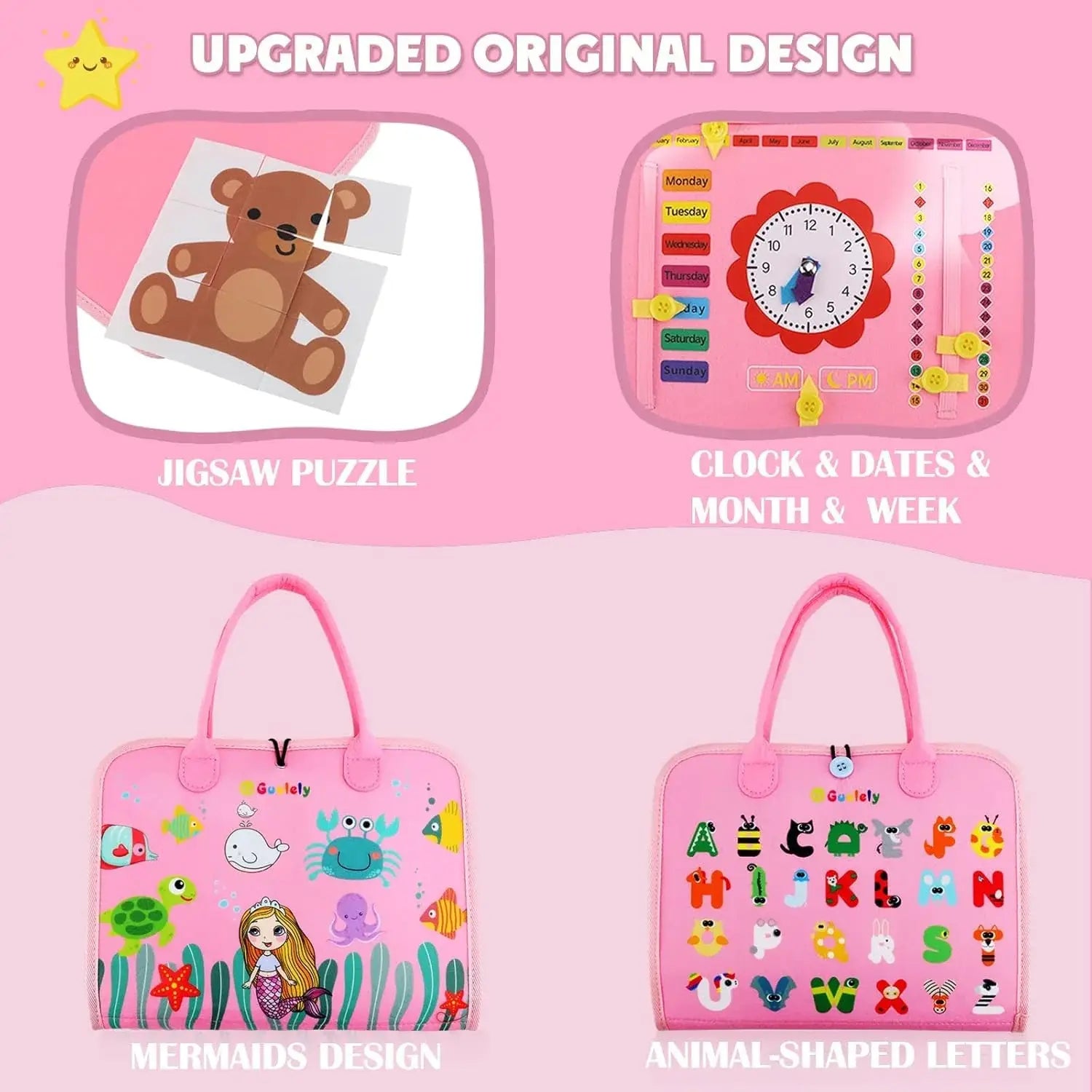 Pink educational activity book for toddlers, featuring buckles, zippers, laces, and shape matching for fine motor skill development by Usmile Toys." www.usmile.toys