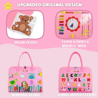Pink educational activity book for toddlers, featuring buckles, zippers, laces, and shape matching for fine motor skill development by Usmile Toys." www.usmile.toys