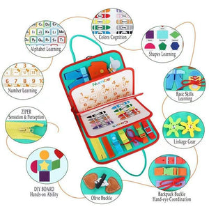 Colorful educational activity book for toddlers, featuring numbers, colors, shapes, and an alphabet board for early learning development by Usmile Toys." www.usmile.toys