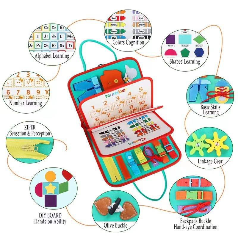 Colorful educational activity book for toddlers, featuring numbers, colors, shapes, and an alphabet board for early learning development by Usmile Toys." www.usmile.toys
