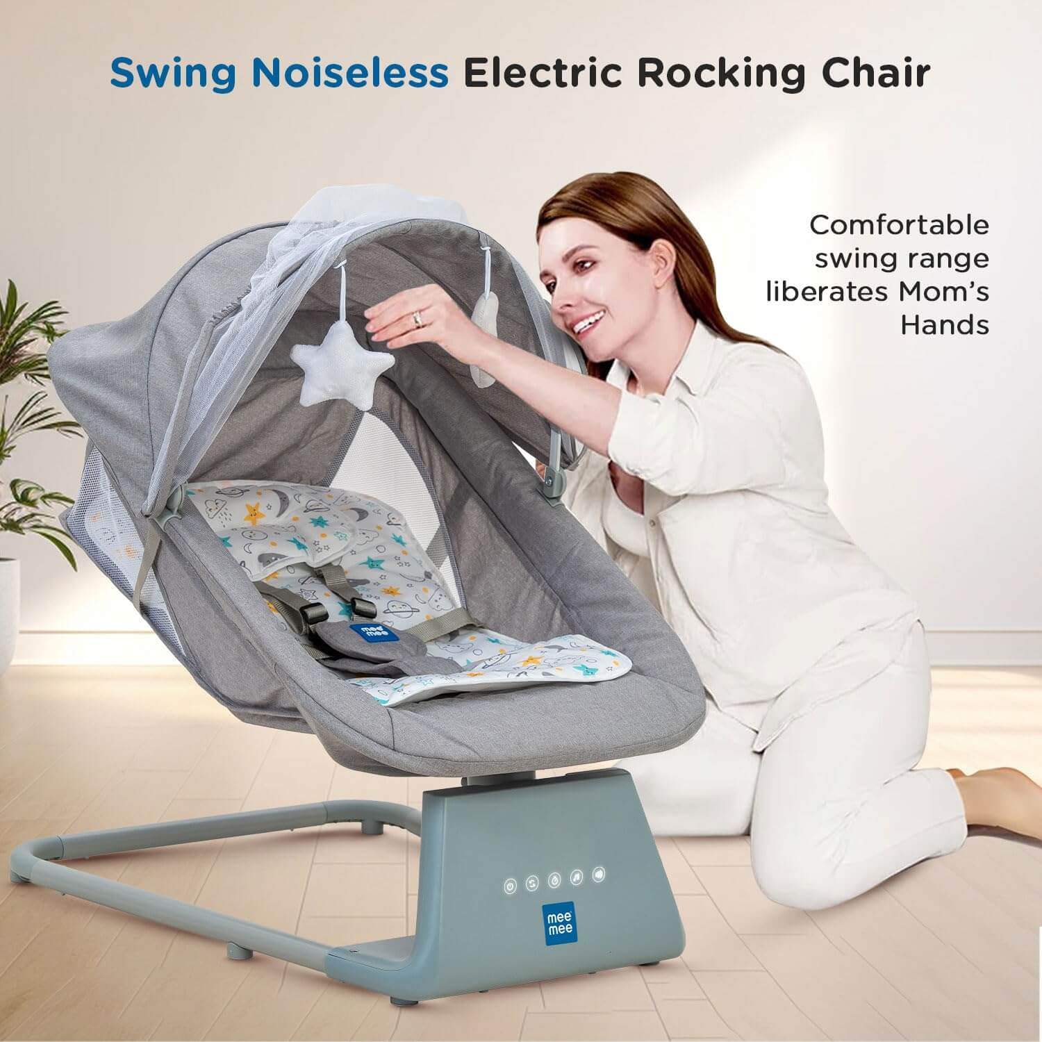 Mee Mee Electric Baby Rocking/Swing Chair in grey, with a detachable mosquito net canopy, hanging toys, and a remote control for soothing melodies and motions. Ideal for infant comfort and relaxation on usmile.toys. www.usmile.toys