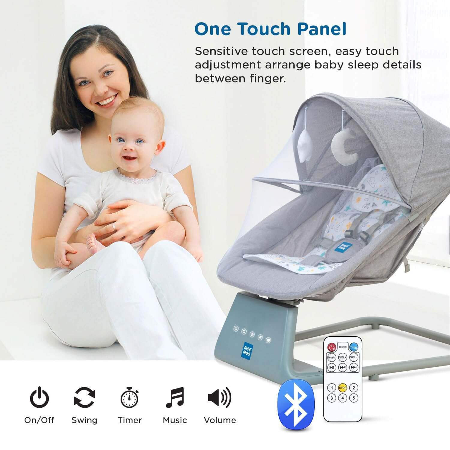 Grey Mee Mee electric baby swing with multiple rocking motions, music, remote control, and a transparent mosquito net, providing a comfortable and safe resting space for infants. www.usmile.toys