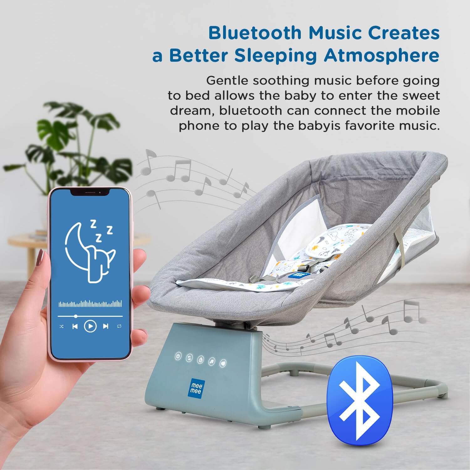Grey Mee Mee electric baby swing with multiple rocking motions, music, remote control, and a transparent mosquito net, providing a comfortable and safe resting space for infants. www.usmile.toys