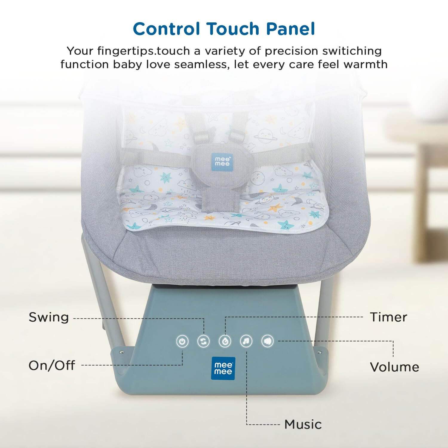 Grey Mee Mee electric baby swing with multiple rocking motions, music, remote control, and a transparent mosquito net, providing a comfortable and safe resting space for infants. www.usmile.toys