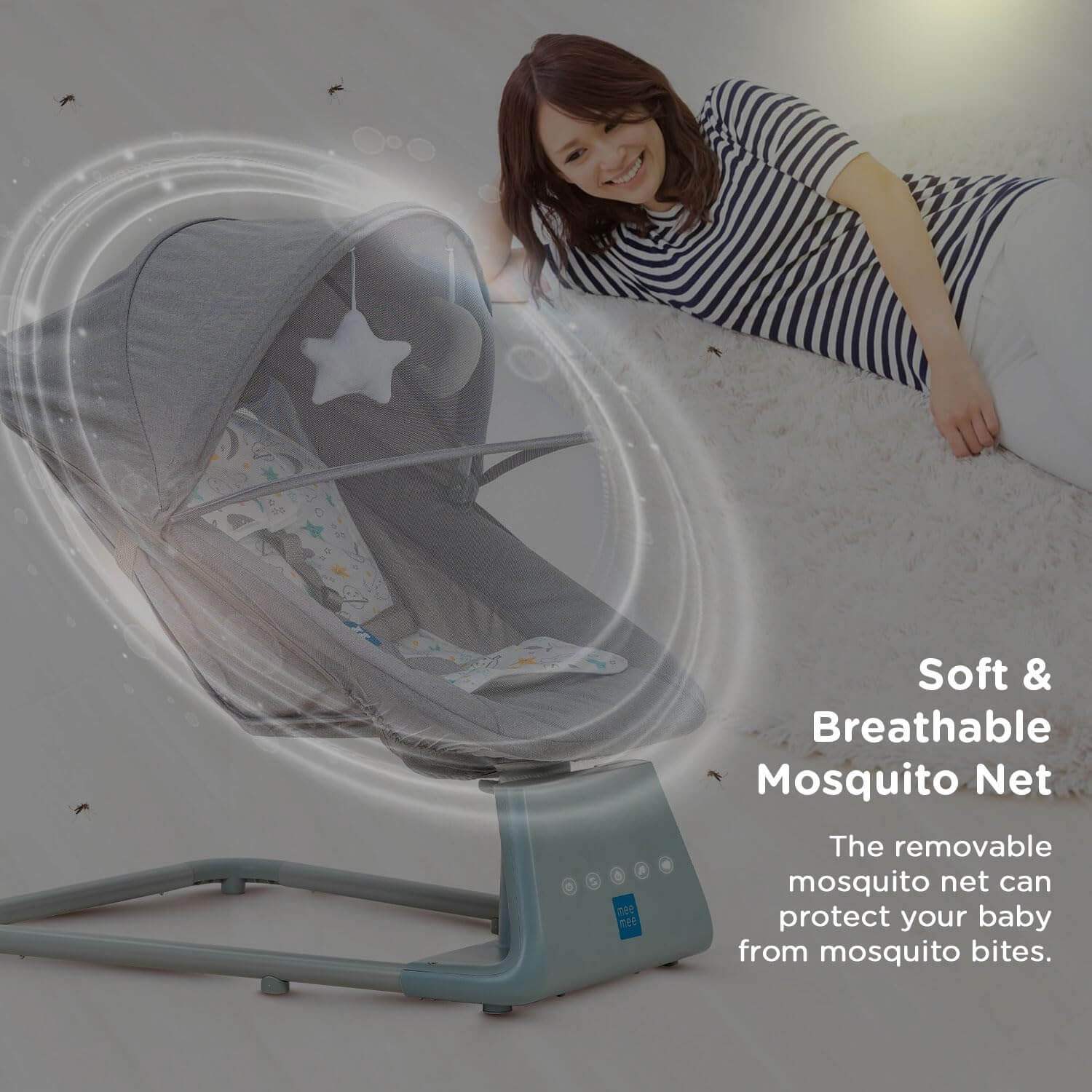 Mee Mee electric baby rocking chair with remote and mosquito net, grey. www.usmile.toys