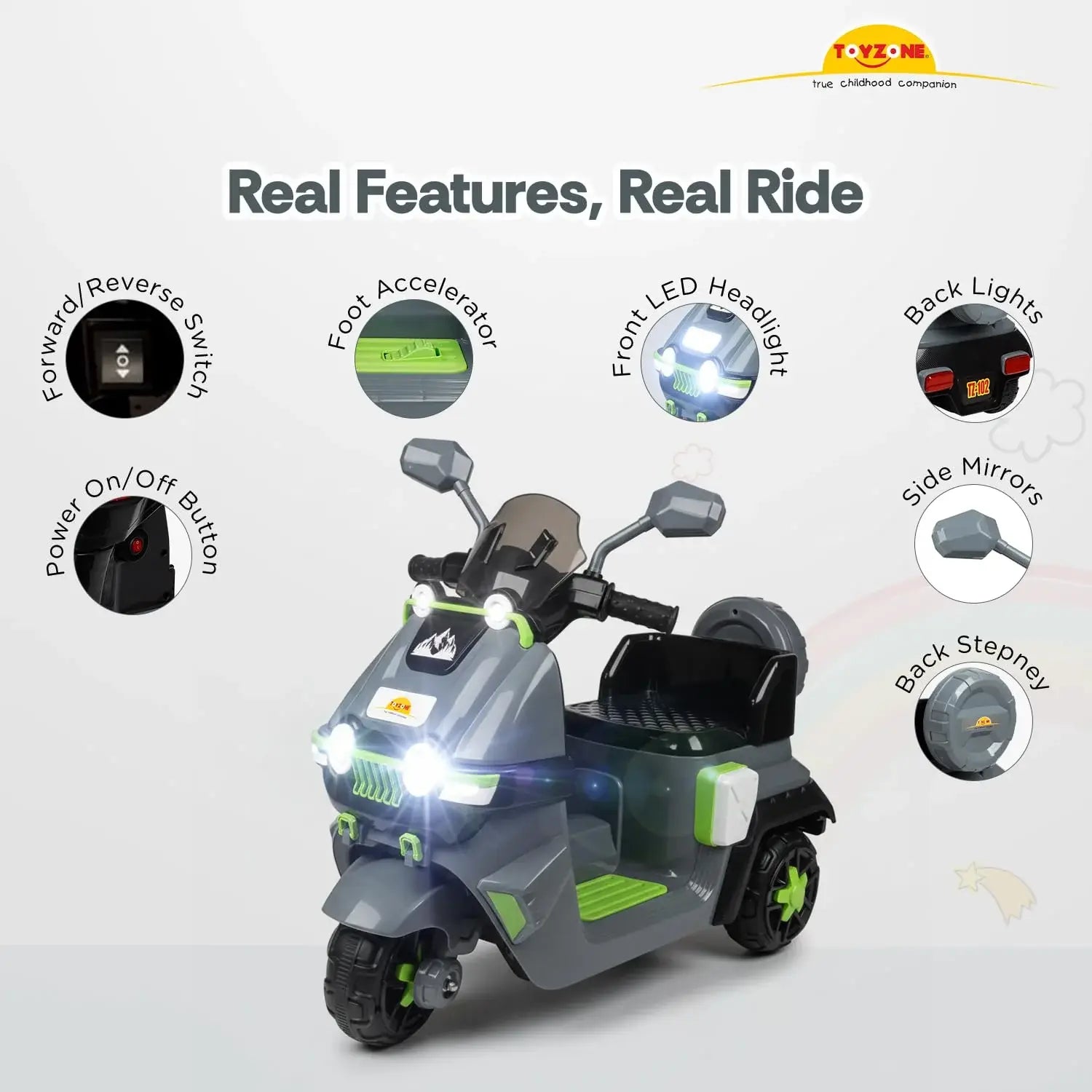 Children's electric scooter with features highlighted Electric Bike for Kids | Electric Ride-On Scooter for Kids 1 to 6 Years www.usmile.toys 