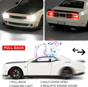High-quality miniature replica of a powerful white muscle car (Dodge Challenger Hellcat style) with black wheels and red brake calipers, a durable pull-back toy ideal for vehicle enthusiasts from Usmile Toys.www.usmile.toys