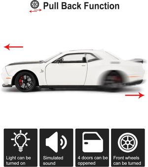 Detailed collectible die-cast sports car in white with a matte black hood, showcasing its sleek design and providing exciting pull-back action, available at Usmile Toys.www.usmile.toys