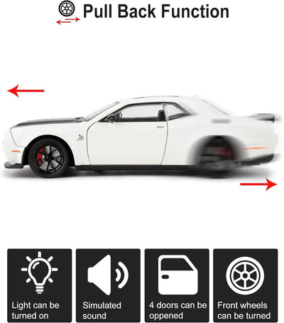 Detailed collectible die-cast sports car in white with a matte black hood, showcasing its sleek design and providing exciting pull-back action, available at Usmile Toys.www.usmile.toys