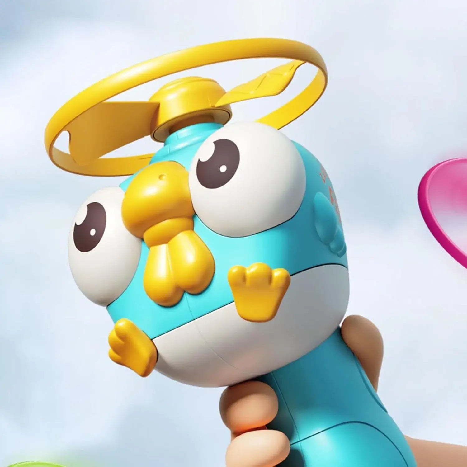www.usmile.toys Flying Saucer for Children, Flying Disc - Outdoor Toys - Family Fun Flying Disc Playset - Interactive Catching Love Toy penguin with a yellow hat and propeller on a light blue background