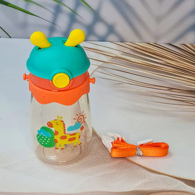 Set of three colorful kids water bottles with cute animal prints, featuring bunny, giraffe, and dragon designs. Each bottle includes a playful lid with 3D cartoon ears and comes with a matching strap for easy carrying. These BPA-free, leak-proof bottles are ideal for school, travel, and outdoor use—perfect addition to kids stationery and daily essentials