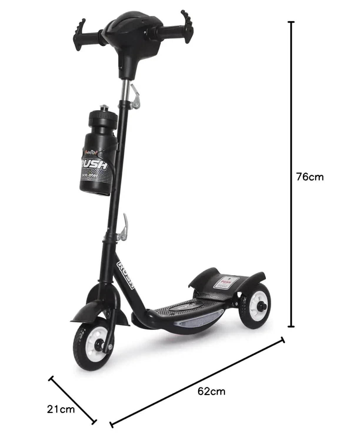 Black Fun Ride Kids Kick Scooter Rush DX with a water bottle holder, lights on wheels, and U Smile Toys branding on a grassy field www.usmile.com