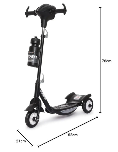 Black Fun Ride Kids Kick Scooter Rush DX with a water bottle holder, lights on wheels, and U Smile Toys branding on a grassy field www.usmile.com