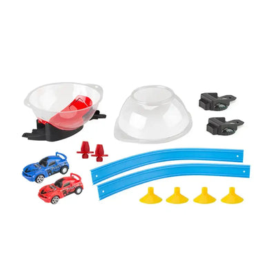 Kataria Globe Racing Super Stunt 360 Spinway Race Track playset. The box shows a transparent globe with cars, blue track pieces for creating a custom race track, and two included pull-back racers. Recommended for ages 3+ years, promoting imaginative play and fine motor skills. www.usmile.com