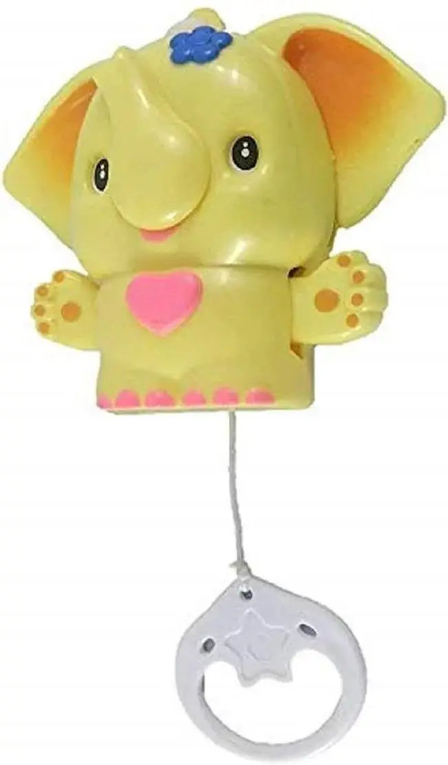 Yellow elephant-shaped musical cradle bell toy with a red heart, packaged for babies. This hanging toy produces sweet sounds, perfect for entertaining infants in cribs, strollers, or playpens, promoting auditory development. www.usmile.com