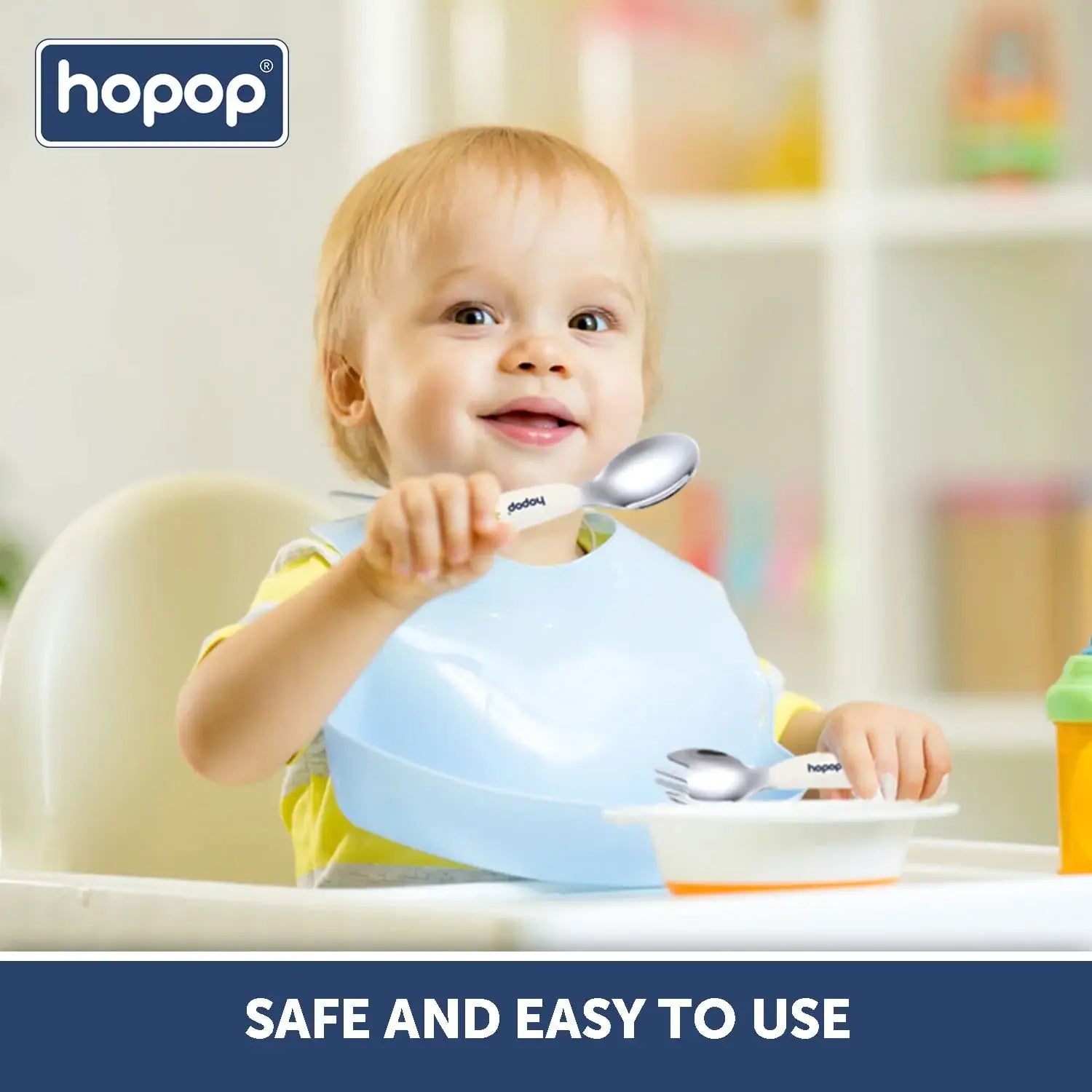 Hopop Stainless Steel Baby Feeding Spoon and Fork Set with Travel Case