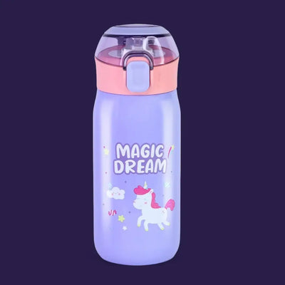 Light purple stainless steel insulated sipper bottle for kids, featuring a 'MAGIC DREAM' text, a cute pink unicorn, stars, and clouds design. Has an anti-leak lid for hot and cold beverages. From uSmile.toys." www.usmile.toys