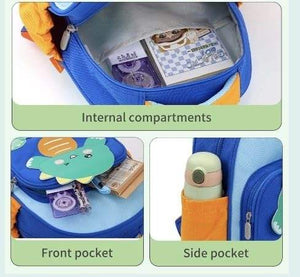 "Front view of a Usmile Toys children's backpack, showcasing a cute 3D-like green and blue dinosaur on a tan background, ideal for kindergarten. www.usmile.toys