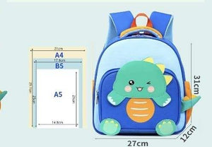 "Front view of a Usmile Toys children's backpack, showcasing a cute 3D-like green and blue dinosaur on a tan background, ideal for kindergarten. www.smile.toys