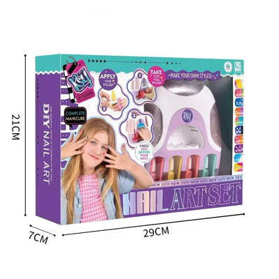 Usmile Toys 'DIY Nail Art Set' with a manicure tablet, offering a complete pretend play manicure experience for children, as shown on the product packaging." www.usmile.toys