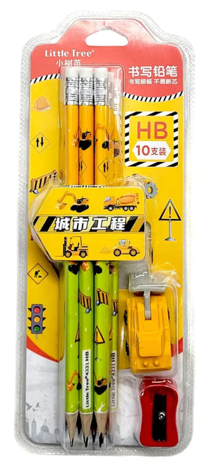 "Children's 'Little Tree' stationery set with 10 HB pencils, a yellow truck-shaped eraser, and a red pencil sharpener, all with a city engineering theme." www.usmile.toys