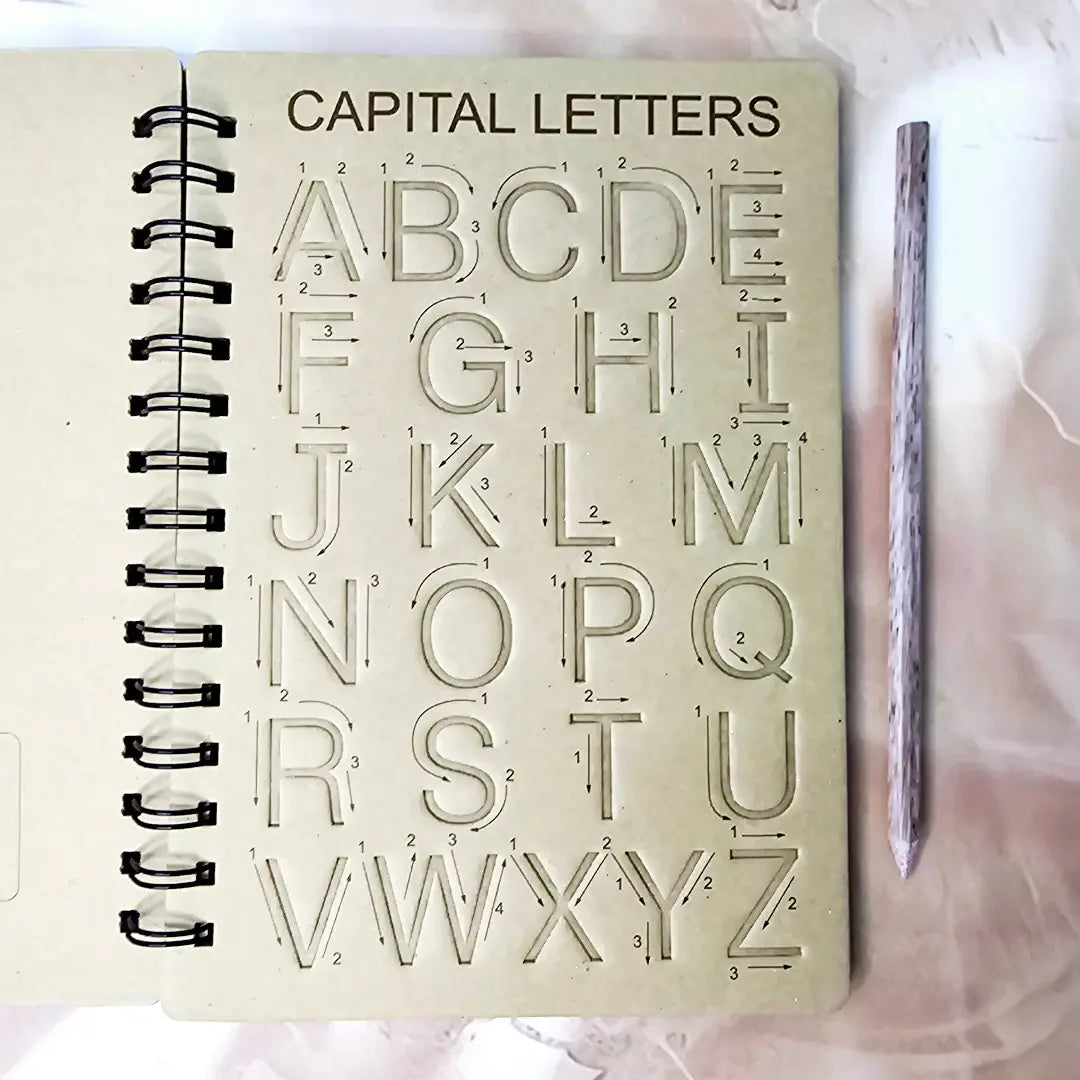 Brown "Learn To Write" tracing board for kids, designed for practicing English alphabet and improving handwriting skills. www.usmile.toys