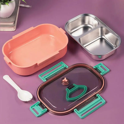 Durable stainless steel lunch box for kids with two separate compartments and a handle, perfect for school lunches. These stylish and durable lunch containers are ideal for school, office, and travel use. Available at www.usmile.toys, your trusted online store for toys, kids stationery, return gifts, baby products, and essentials. Enhance your lunchtime experience with our leakproof, multi-compartment bento boxes designed for easy packing and freshness retention