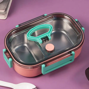 Durable stainless steel lunch box for kids with two separate compartments and a handle, perfect for school lunches. These stylish and durable lunch containers are ideal for school, office, and travel use. Available at www.usmile.toys, your trusted online store for toys, kids stationery, return gifts, baby products, and essentials. Enhance your lunchtime experience with our leakproof, multi-compartment bento boxes designed for easy packing and freshness retention