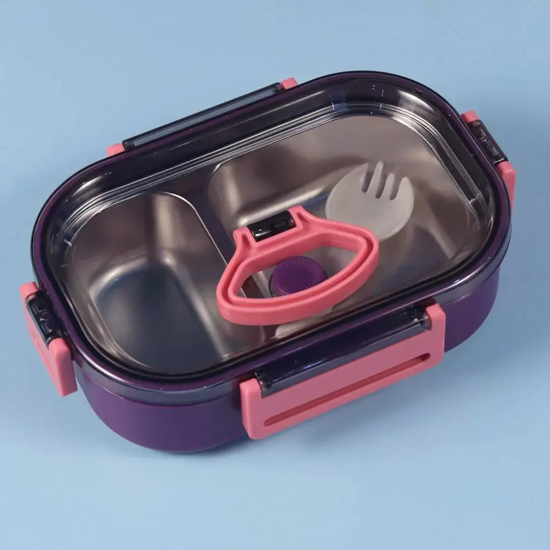 Durable stainless steel lunch box for kids with two separate compartments and a handle, perfect for school lunches. These stylish and durable lunch containers are ideal for school, office, and travel use. Available at www.usmile.toys, your trusted online store for toys, kids stationery, return gifts, baby products, and essentials. Enhance your lunchtime experience with our leakproof, multi-compartment bento boxes designed for easy packing and freshness retention