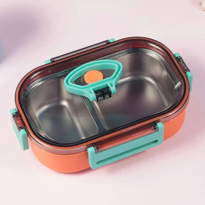 Durable stainless steel lunch box for kids with two separate compartments and a handle, perfect for school lunches. These stylish and durable lunch containers are ideal for school, office, and travel use. Available at www.usmile.toys, your trusted online store for toys, kids stationery, return gifts, baby products, and essentials. Enhance your lunchtime experience with our leakproof, multi-compartment bento boxes designed for easy packing and freshness retention