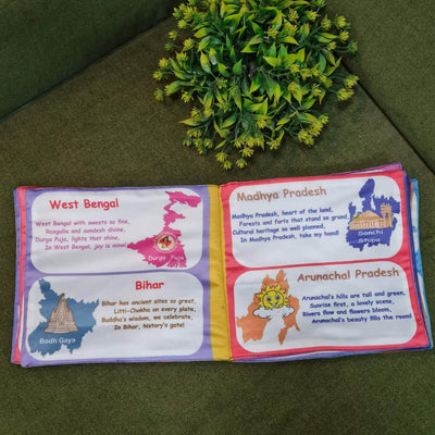 A flat lay of five Kidogen fabric books: "The Land of Many States," "Deep Blue Wonders: Under the Sea," "My Amazing Body," "Flag of the World," and "Our Helping Heroes."