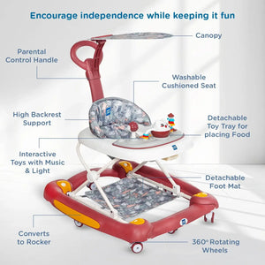 Baby walker with features labeled on a white background